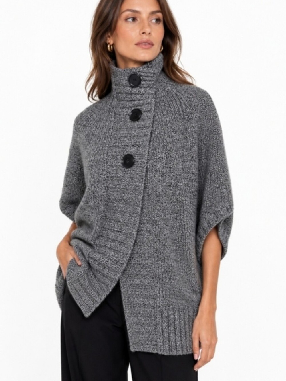 Theory Innes Wool Shaker Knit Cape Cardigan Poncho Minimalist Quiet Luxe Size M